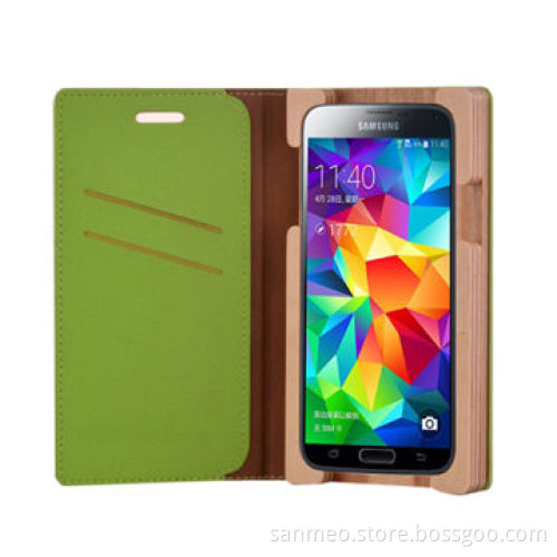 Luxury Leather Wooden Wallet Mobile Phone Case with Card Slot, for Samsung s5 i9600